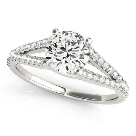 Silver Round Cut Split Shank Pave Diamond Engagement Ring with Four-Prong Setting