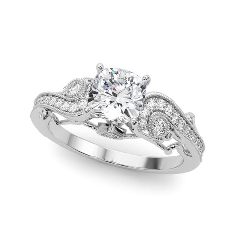 Platinum Fancy Yellow Cushion cut Solitaire with Milgrain Pave Band and Four-Prong Setting