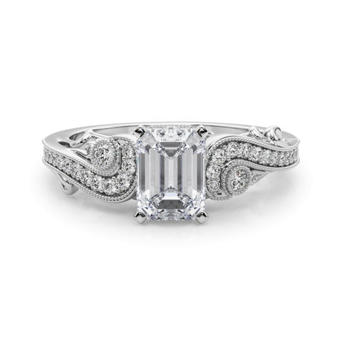 White gold Radiant Solitaire with Milgrain Pave Band and Four-Prong Setting