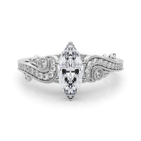 Platinum Marquise Solitaire with Milgrain Pave Band and Four-Prong Setting