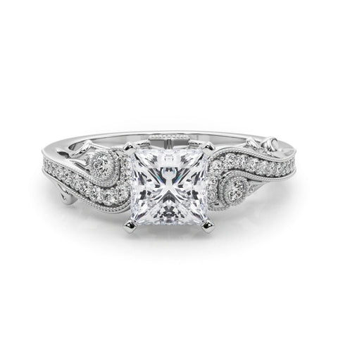 Platinum Princess Solitaire with Milgrain Pave Band and Four-Prong Setting