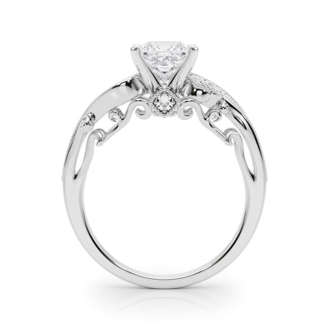 Platinum Princess Solitaire with Milgrain Pave Band and Four-Prong Setting