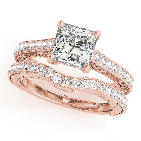 Rose gold Cushion Cut Pave Band Milgrain Solitaire Ring