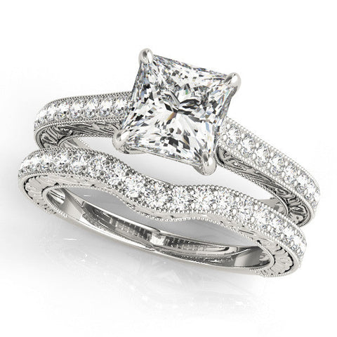 White gold Emerald Cut Pave Band Milgrain Solitaire Ring