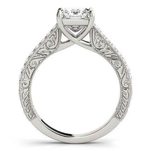 White gold Emerald Cut Pave Band Milgrain Solitaire Ring
