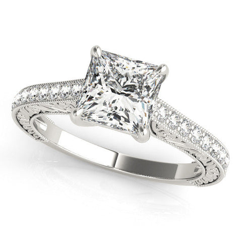 White gold Emerald Cut Pave Band Milgrain Solitaire Ring