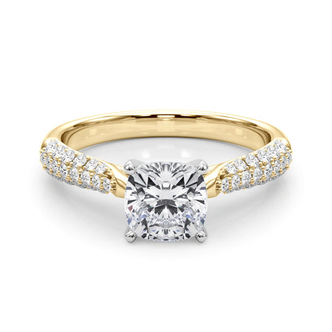 Yellow gold Cushion Solitaire Pavé Diamond Engagement Ring with Four-Prong Setting