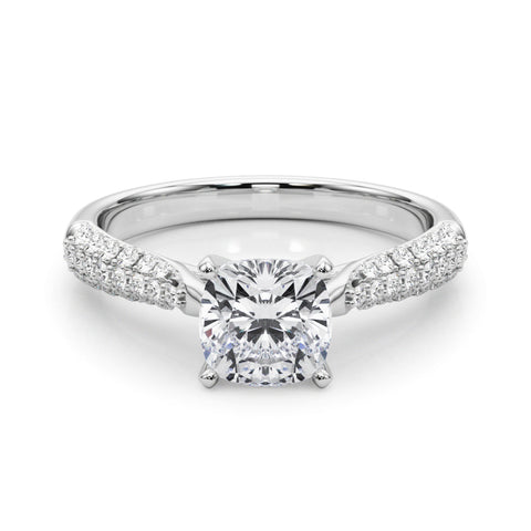 White gold Cushion Solitaire Pavé Diamond Engagement Ring with Four-Prong Setting