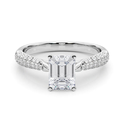 Platinum Emerald Solitaire Pavé Diamond Engagement Ring with Four-Prong Setting