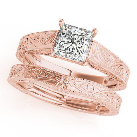 Rose gold Princess Cut Solitaire Engraved Band with Four-Prong Setting