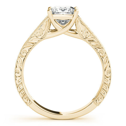 Yellow gold Princess Cut Solitaire Engraved Band with Four-Prong Setting