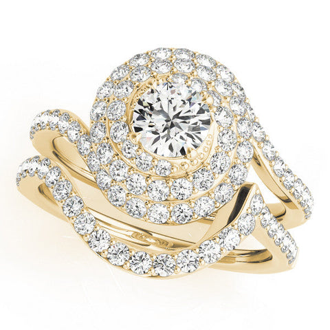 Yellow gold Round Double Halo Diamond Swirl Pave Band Ring