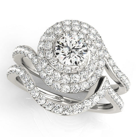 Platinum Round Double Halo Diamond Swirl Pave Band Ring