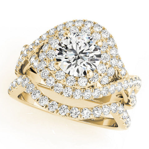 Yellow gold Round Halo Twist Band Prong Setting Ring