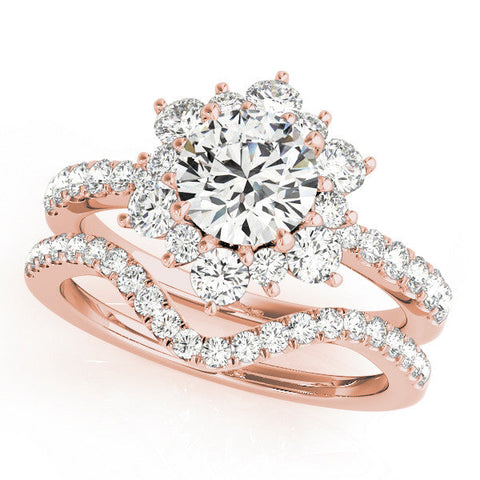 Rose gold Round Cut Diamond Floral Halo Pave Band with Prong Setting