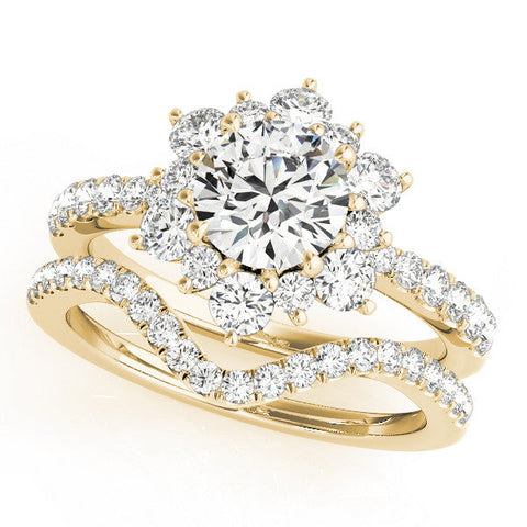 Yellow gold Round Cut Diamond Floral Halo Pave Band with Prong Setting