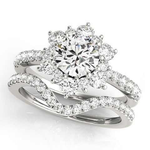 White gold Round Cut Diamond Floral Halo Pave Band with Prong Setting