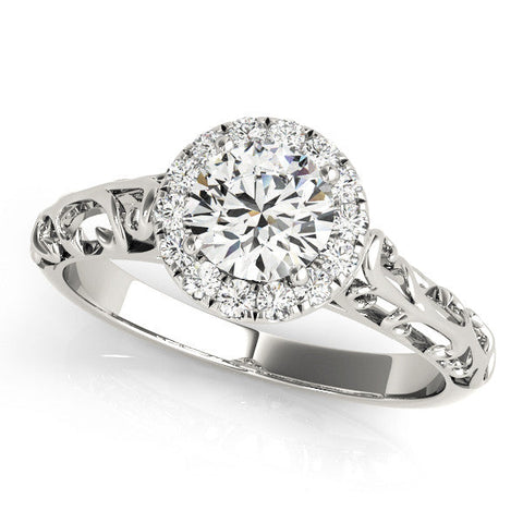 White gold Round Halo Diamond Engagement Ring with Intricate Filigree Band and Four-Prong Setting