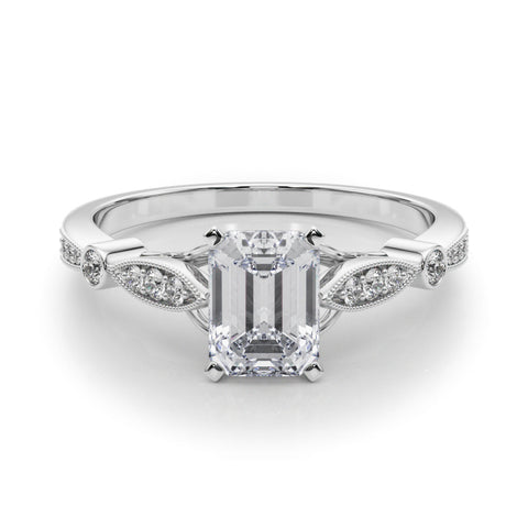 Silver Radiant Cut Diamond with Milgrain Marquise and Bezel Accents on a Solitaire Band with Prong Setting