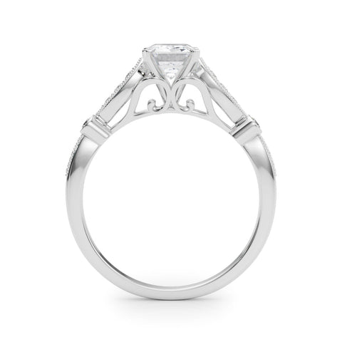 Silver Emerald Cut Diamond with Milgrain Marquise and Bezel Accents on a Solitaire Band with Prong Setting