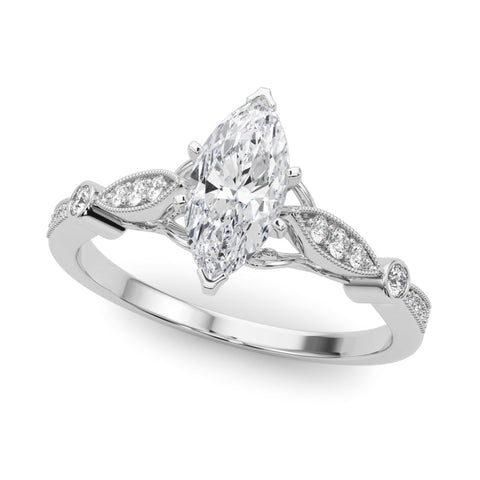 Silver Marquise Cut Diamond with Milgrain Marquise and Bezel Accents on a Solitaire Band with Prong Setting
