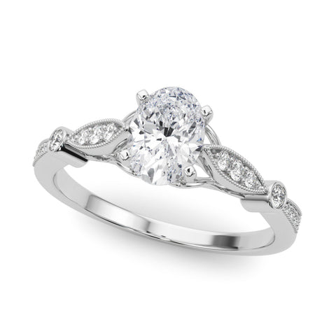 Silver Oval Cut Diamond with Milgrain Marquise and Bezel Accents on a Solitaire Band with Prong Setting