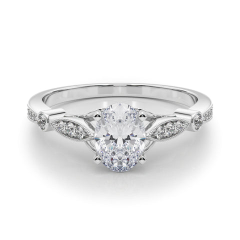 Silver Oval Cut Diamond with Milgrain Marquise and Bezel Accents on a Solitaire Band with Prong Setting