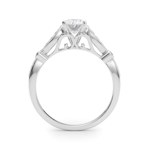 Silver Oval Cut Diamond with Milgrain Marquise and Bezel Accents on a Solitaire Band with Prong Setting
