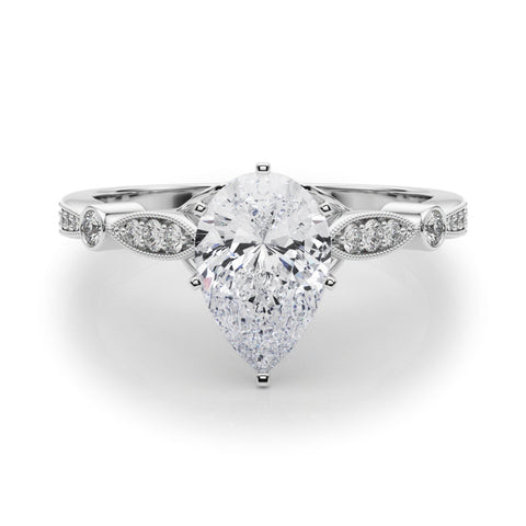 Silver Pear Cut Diamond with Milgrain Marquise and Bezel Accents on a Solitaire Band with Prong Setting