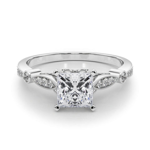 Silver Princess Cut Diamond with Milgrain Marquise and Bezel Accents on a Solitaire Band with Prong Setting