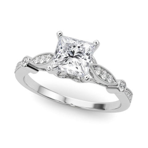 Silver Princess Cut Diamond with Milgrain Marquise and Bezel Accents on a Solitaire Band with Prong Setting