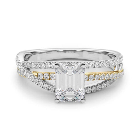Yellow gold Emerald Solitaire Twist Band with Pavé Setting and Four-Prong Setting