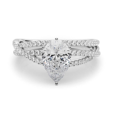 White gold Pear Solitaire Twist Band with Pavé Setting and Four-Prong Setting