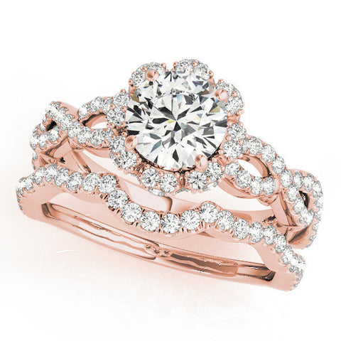 Rose gold Round Halo Twist Band Solitaire Ring with Six-Prong Setting