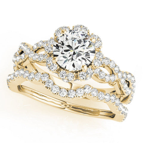 Yellow gold Round Halo Twist Band Solitaire Ring with Six-Prong Setting