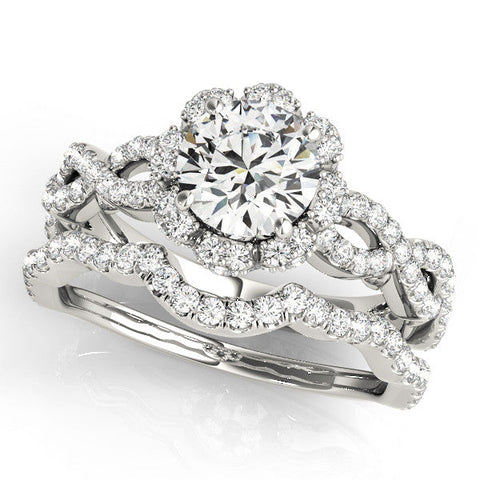 Platinum Round Halo Twist Band Solitaire Ring with Six-Prong Setting