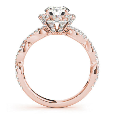 Rose gold Round Halo Twist Band Solitaire Ring with Six-Prong Setting