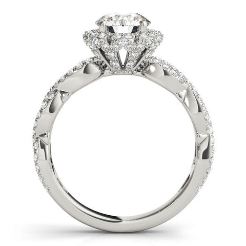 Platinum Round Halo Twist Band Solitaire Ring with Six-Prong Setting