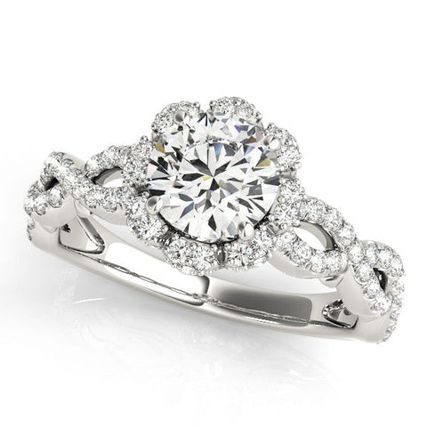 Platinum Round Halo Twist Band Solitaire Ring with Six-Prong Setting