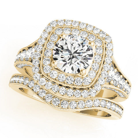 Yellow gold Cushion Halo Round Diamond Split Shank Prong Setting Ring
