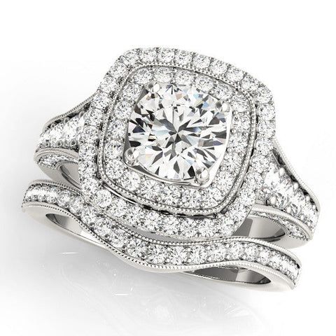 Platinum Cushion Halo Round Diamond Split Shank Prong Setting Ring