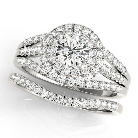 White gold Double Halo Round Diamond Split Shank Pave Set Ring