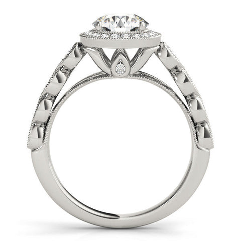 White gold Round Halo Milgrain Solitaire with Bezel Set Side Stones and Pave Band
