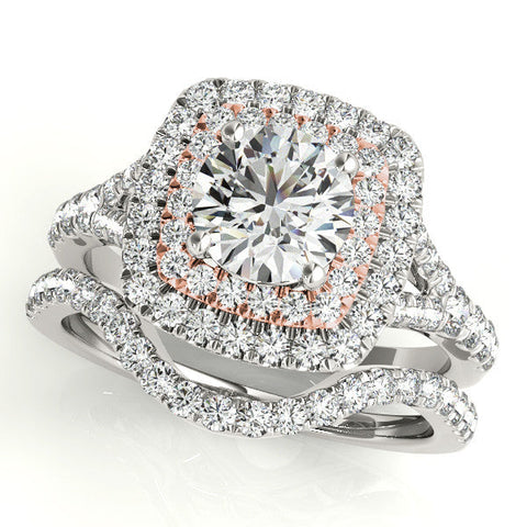 Rose gold Double Halo Round Cut Pave Split Shank Prong Set Ring
