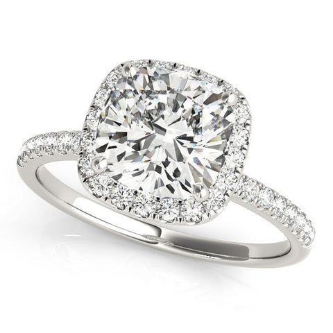 Platinum Cushion Cut Halo Diamond Engagement Ring with Pave Band and Four-Prong Setting