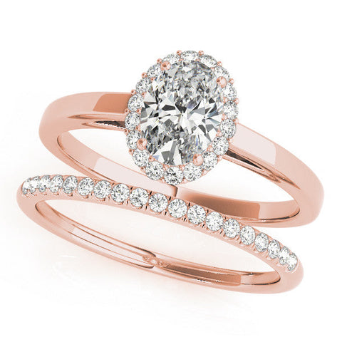Rose gold Oval Halo Diamond Ring with Solitaire Band and Prong Setting