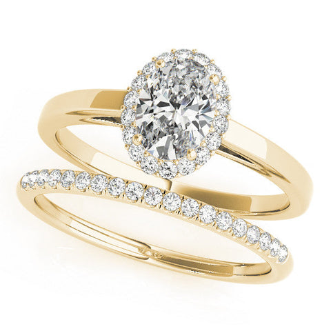 Yellow gold Oval Halo Diamond Ring with Solitaire Band and Prong Setting