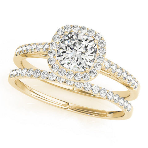 Yellow gold Cushion Halo Pave Diamond Engagement Ring with Four-Prong Setting