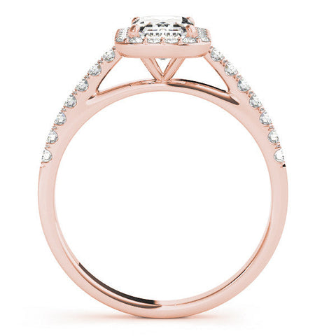 Rose gold Princess Cut Halo Diamond Engagement Ring with Pave Band and Four-Prong Setting
