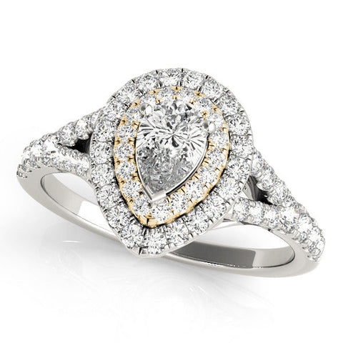 Yellow gold Double Halo Pear-Shaped Split Shank Diamond Ring with Prong Setting